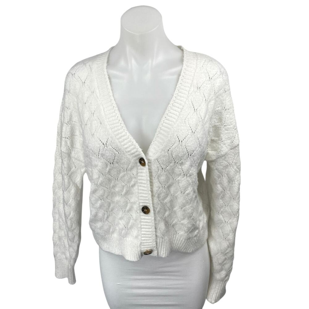 Pink Rose White Argyle Knit Long Sleeve Button Down Cardigan Sweater Top Size L